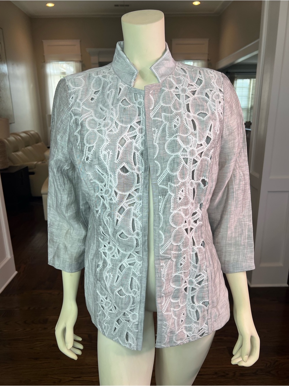 Chico's Silver-Gray Lace Front Open Jacket - Picture 3 of 14